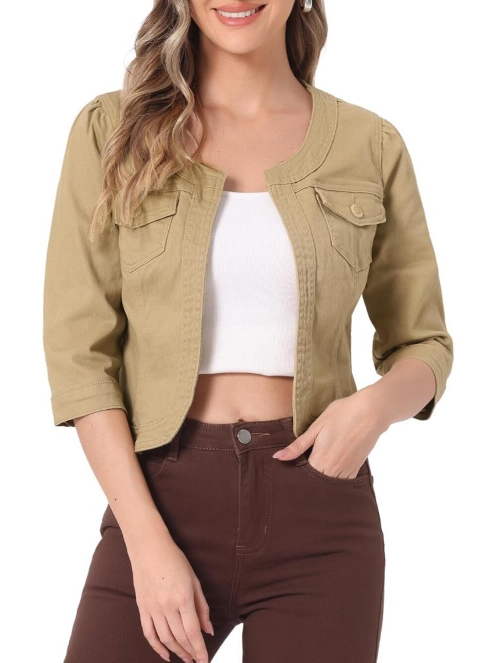 〽️Women's Khaki Denim Cardigan 3/4 Sleeve Cropped Jean Jacket